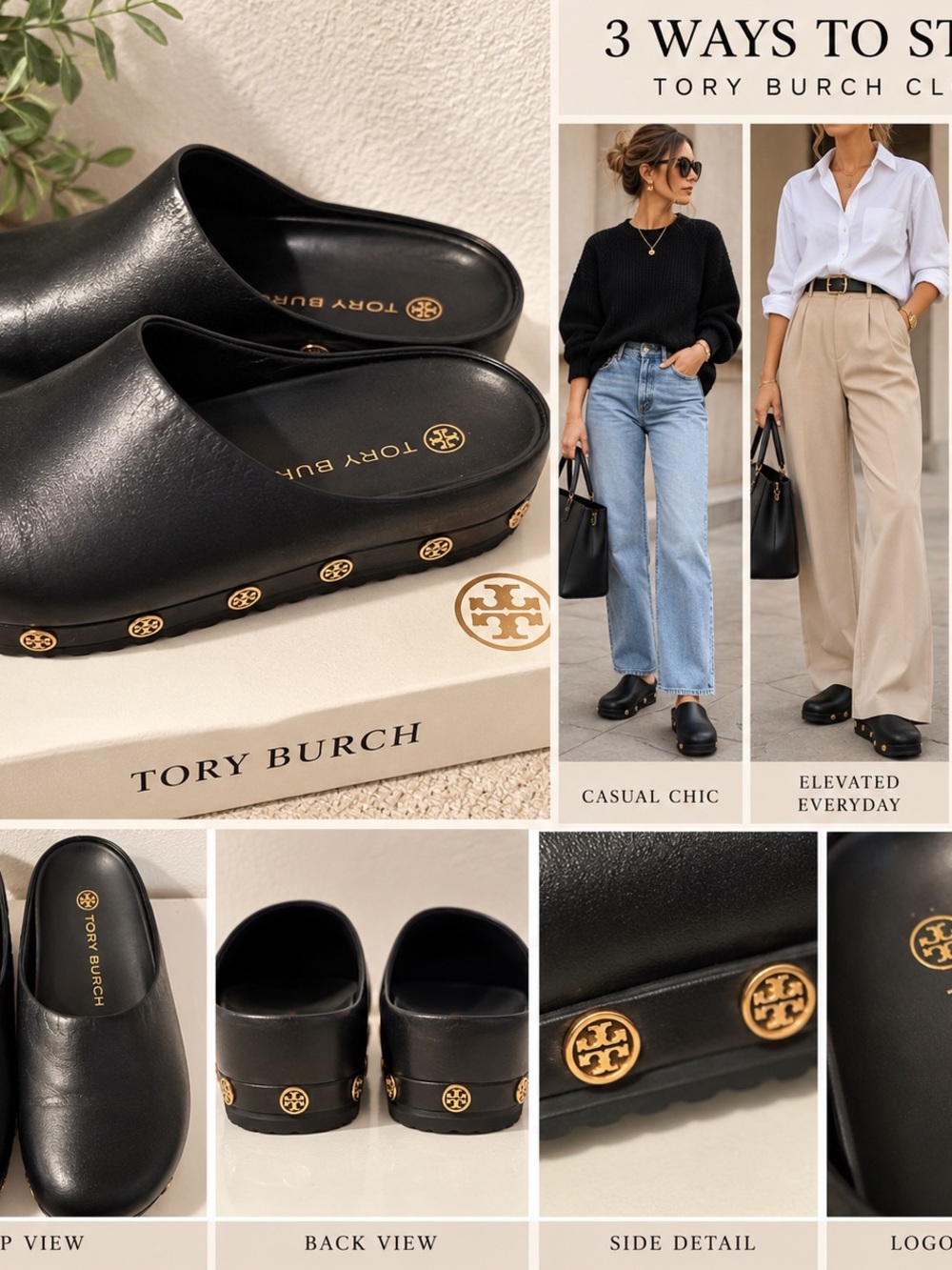 Tory Burch Black Leather Clog Slides with Gold Logo Studs